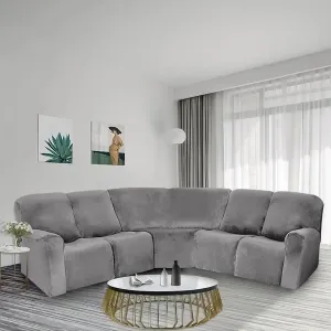 LiveGo L Shape Velvet Stretch Recliner Corner Sofa Cover, Corner Sofa Covers for Sectional Sofa Set, for Reclining L Shape Sofa Slipcovers Thick, Soft, Durable Furniture Protector (Grey)