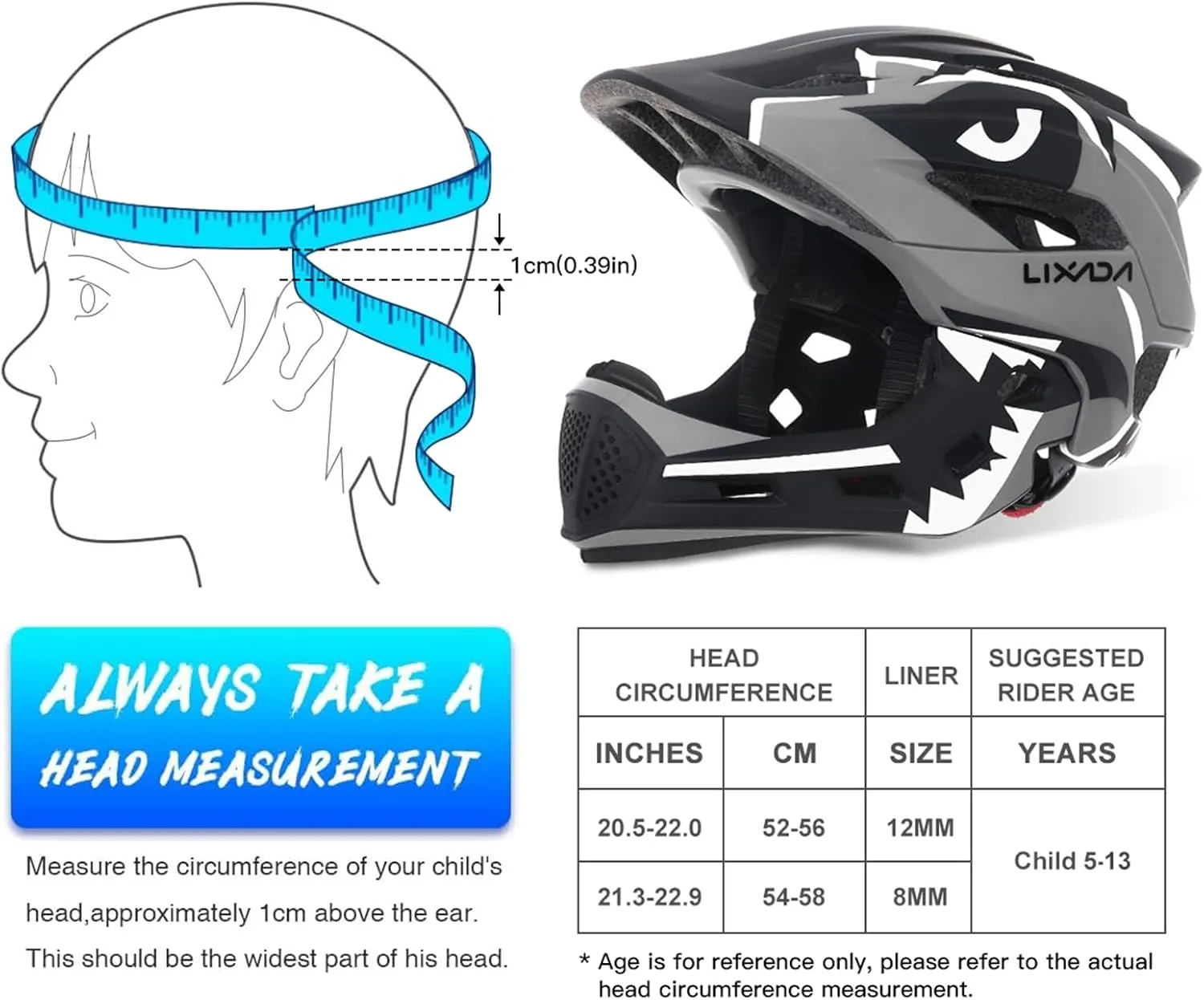 Lixada Kids Bike Helmet Adjustable Detachable Full Face Helmet for Cycling Helmet for Children Bicycle, Skateboard, Scooter, Protective Gear (20.5-22 Inches)