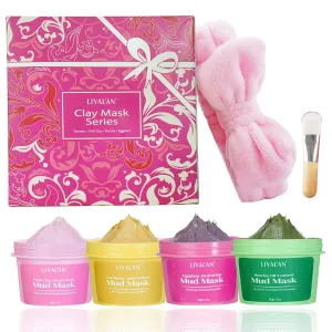 LIYALAN Face Clay Mask Set,Matcha Facial Mud,Eggplant Rose Face Skin Care, Turmeric Acne Facial Masks Gifts for Women, Deep Cleansing Pink 1.76 oz 4 pack