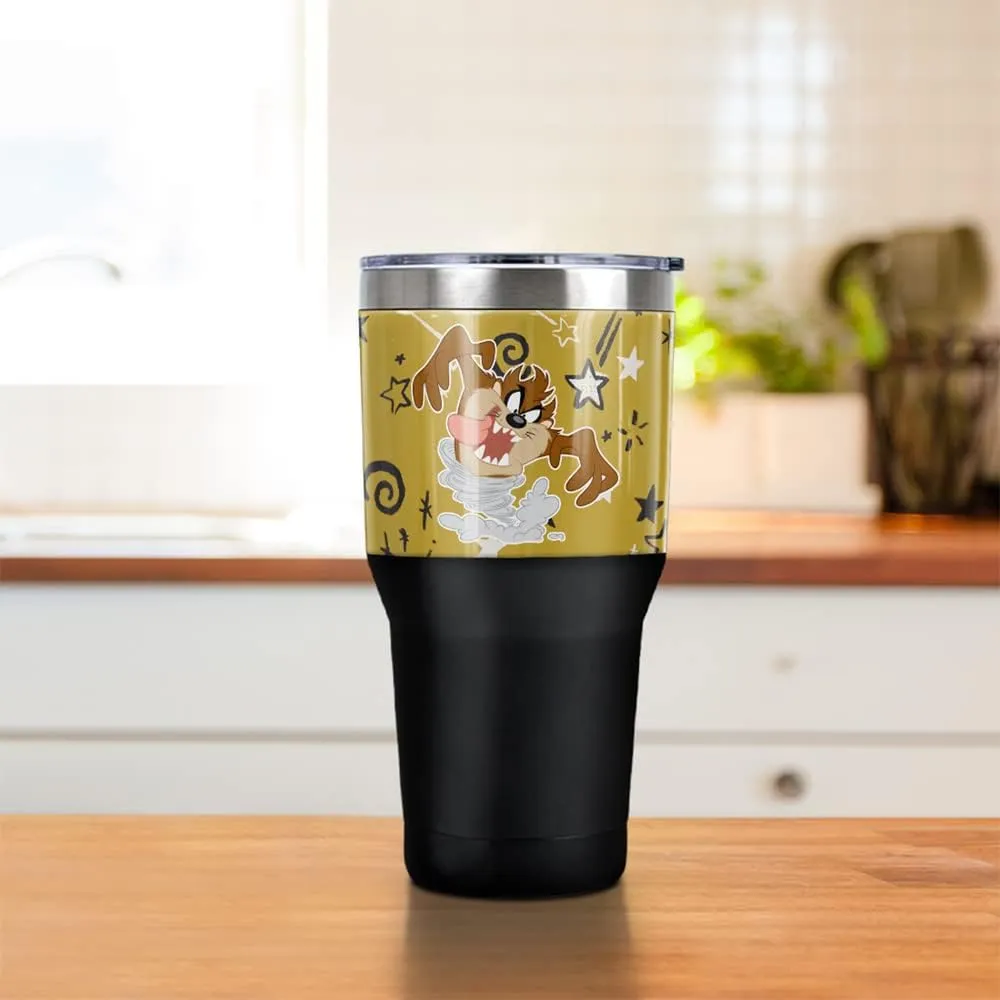 Looney Tunes Taz Star Pattern Stainless Steel Tumbler 30 oz Coffee Travel Cup, Vacuum Insulated & Double Wall with Leakproof Sliding Lid