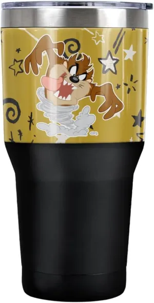 Looney Tunes Taz Star Pattern Stainless Steel Tumbler 30 oz Coffee Travel Cup, Vacuum Insulated & Double Wall with Leakproof Sliding Lid