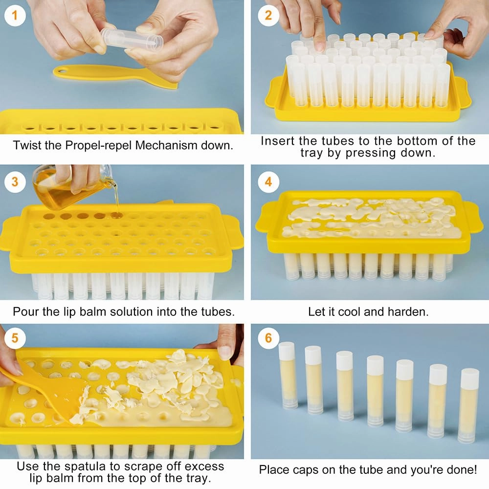LotFancy Lip Balm Tubes with Filling Tray and Spatula, 50Pcs 5.5ml (3/16 Oz) Clear Lip Balm Containers with White Caps, BPA Free & Leak Free Lip Balm Making Kit