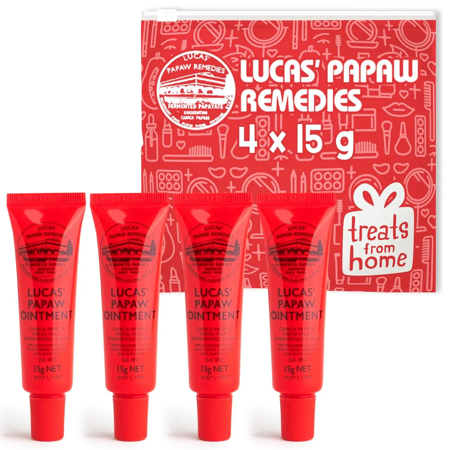 Lucas Pawpaw Lip Ointment, Lucas Pawpaw Cream, Lucas Pawpaw Ointment for Lips & Dry Skin (4 x 15g)