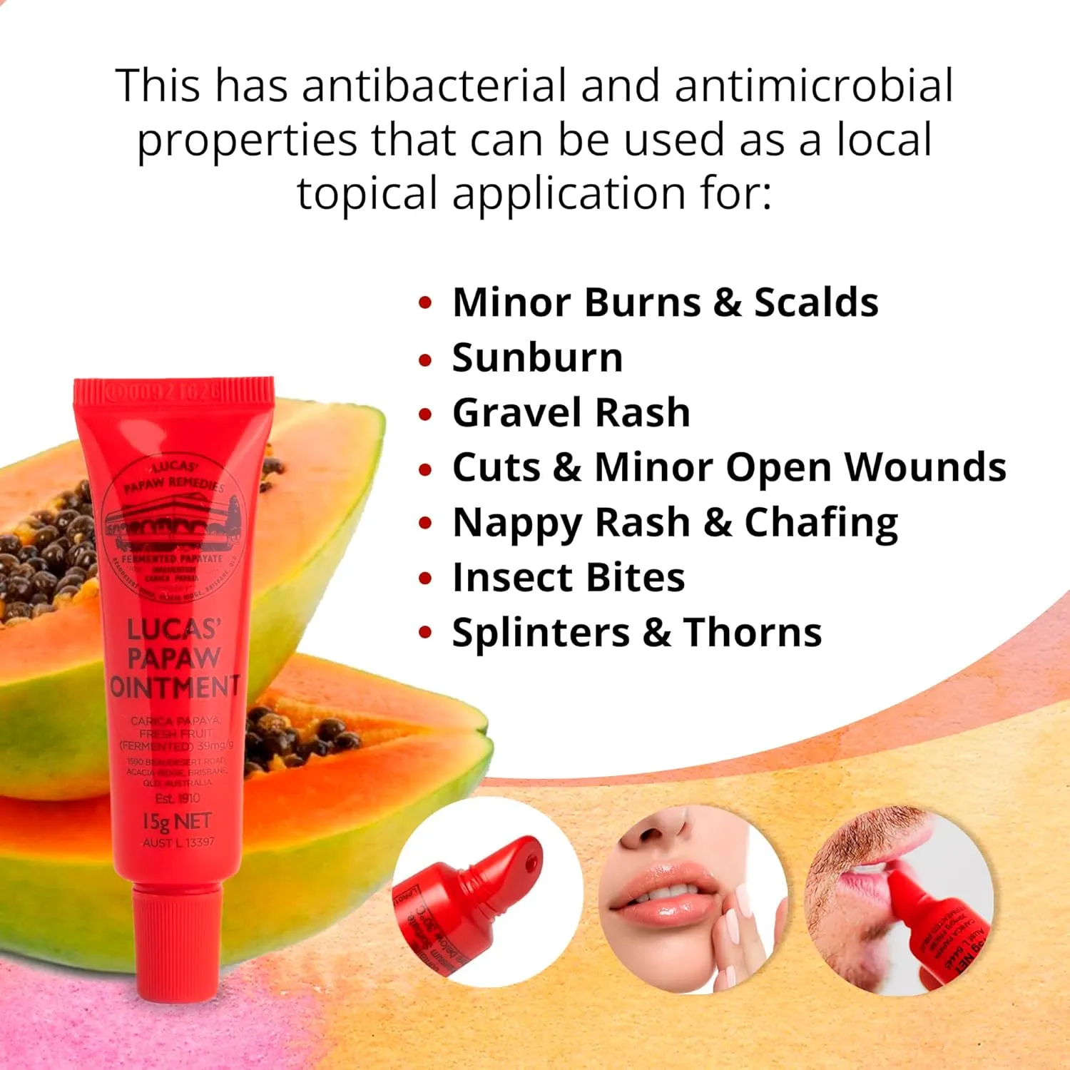 Lucas Pawpaw Lip Ointment, Lucas Pawpaw Cream, Lucas Pawpaw Ointment for Lips & Dry Skin (4 x 15g)