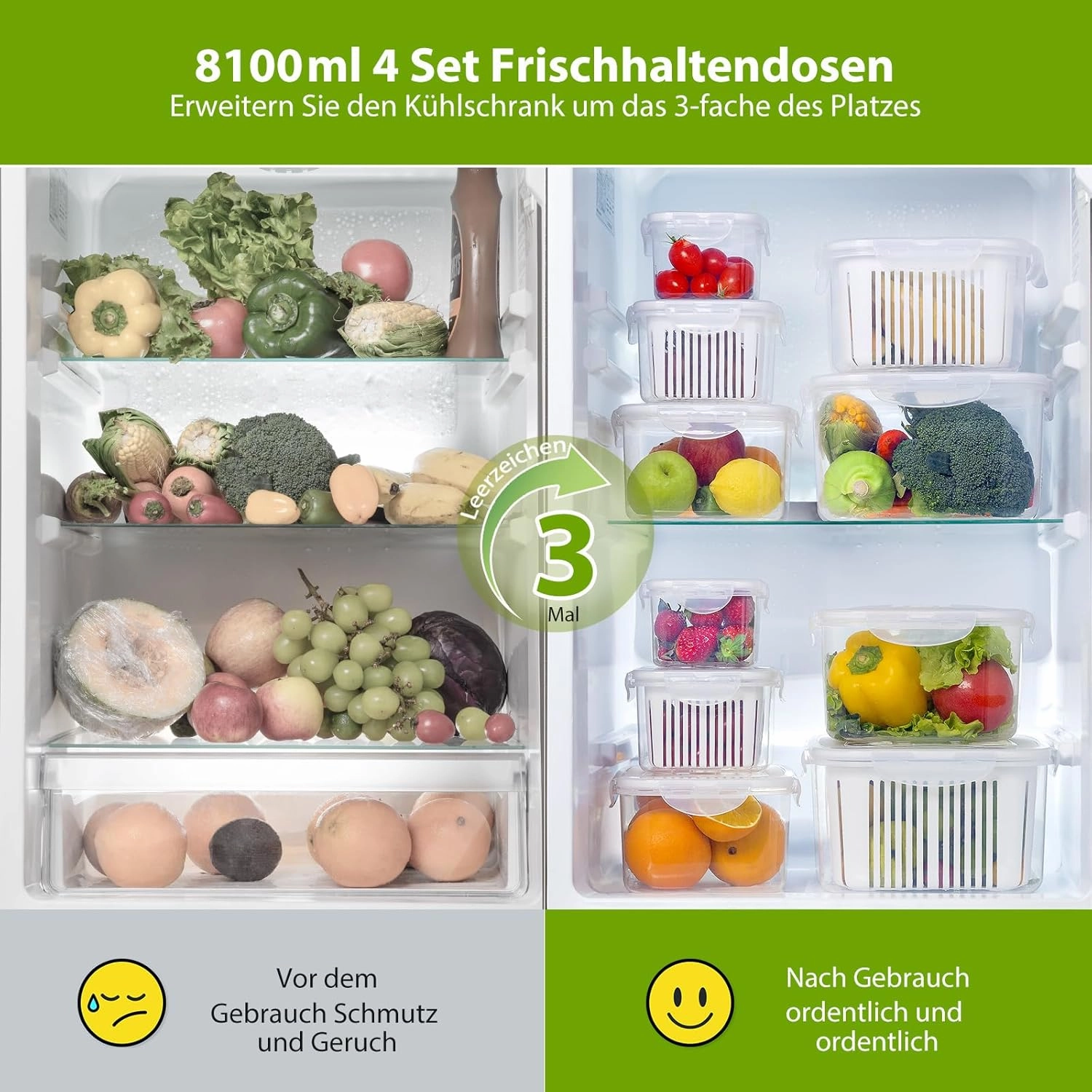 LUXEAR Fruit Vegetable Produce Storage Saver Containers with Lid & Colander 4 Packs BPA-Free Plastic Fresh Keeper Set | Refrigerator Fridge Organizer | for Salad Berry Lettuce Food Meat Fish Celery