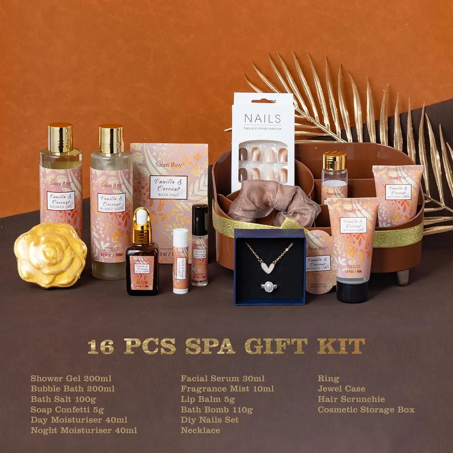 Luxury Gifts for Women, 16 Pcs Spa Gifts for Women of Coconut & Vanilla Scents Skin Care Kit, Facial Kit with Face Day Cream, Night Cream, Skincare Set, Skin Care Set Wrap in Makeup Storage Box
