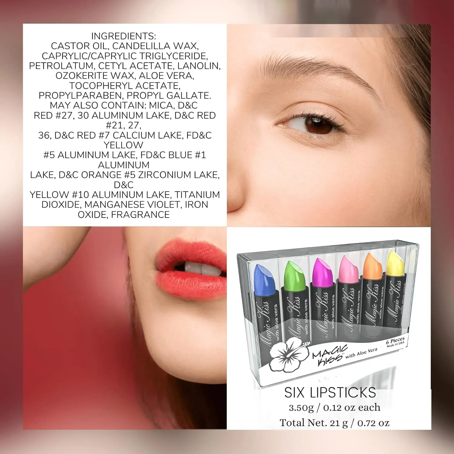 Magic Kiss Color Changing Matte 6 Piece Lipstick Set infused with Aloe Vera Made in USA (Colors of Aloha 1)
