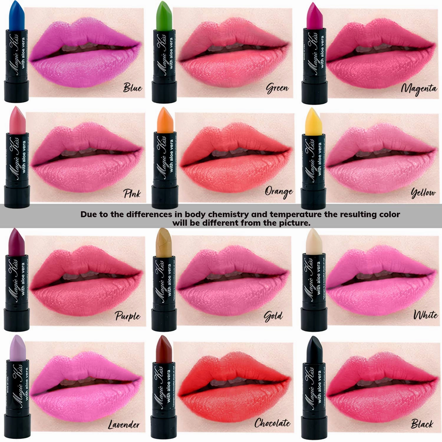Magic Kiss Pack of 12 Color Changing Aloe Vera Lipstick set, MADE IN USA (Blue)