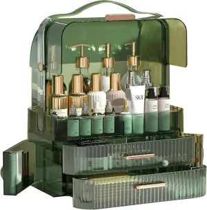 Makeup Storage Organizer Skincare Organizer Jewelry Cosmetics Storage and Display Case Makeup Holders for Countertop Bathroom Organizer with Lid ＆ Drawers Green