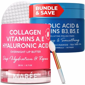 MAREE Bundle - Lip Mask & Glycolic Peel Pads - Hyaluronic Acid & Coconut Oil - Salicylic Acid & Vitamins E, B3, B - Nourish & Hydrate Dry Cracked Lips - Face Pads with Cleaning Effect