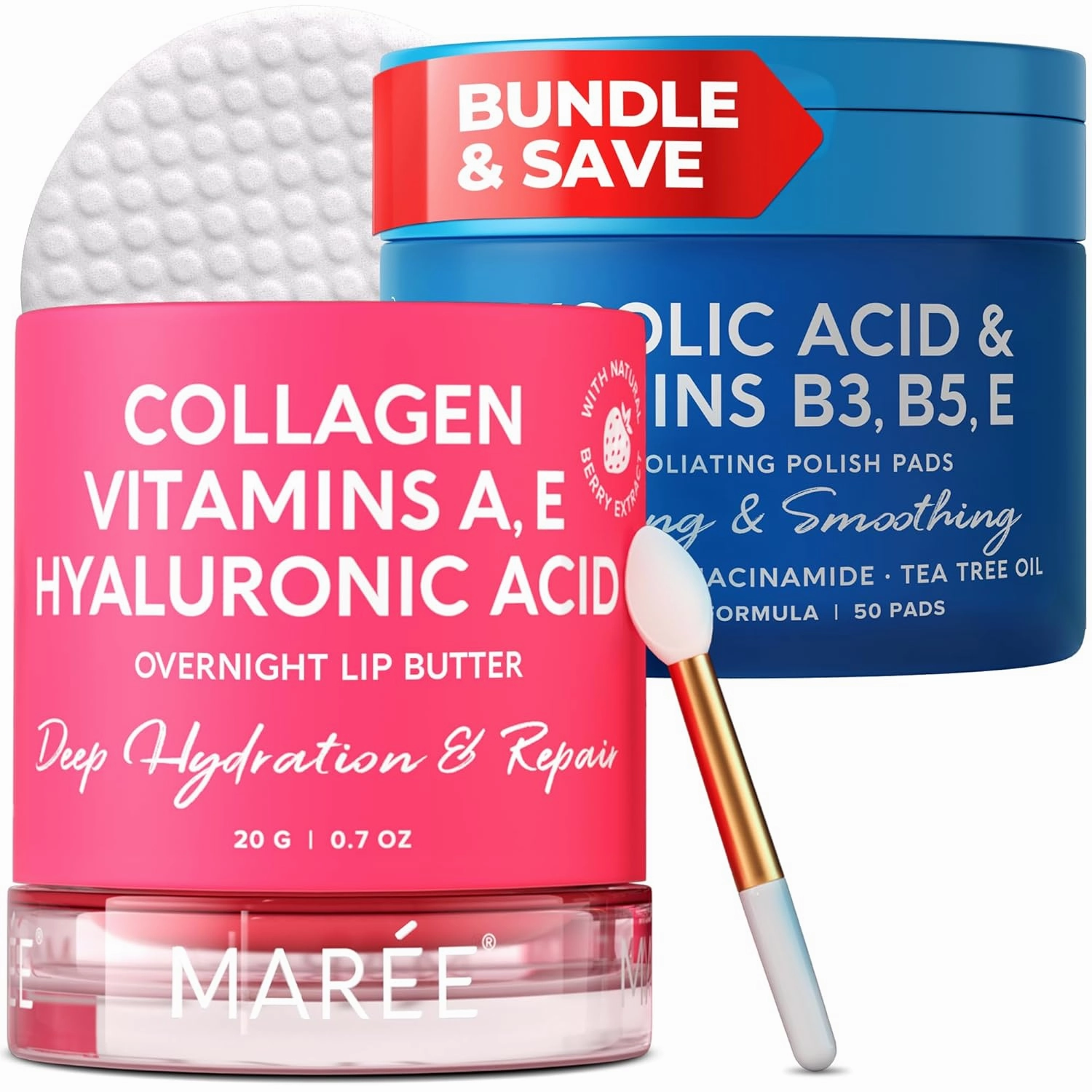 MAREE Bundle - Lip Mask & Glycolic Peel Pads - Hyaluronic Acid & Coconut Oil - Salicylic Acid & Vitamins E, B3, B - Nourish & Hydrate Dry Cracked Lips - Face Pads with Cleaning Effect