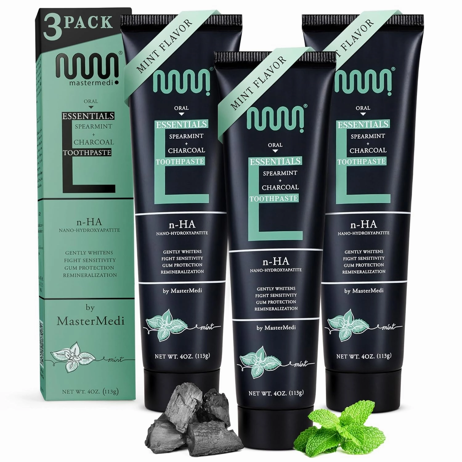 MasterMedi Charcoal Toothpaste with Nano Hydroxyapatite – Fluoride Free, SLS Free, Sensitive Whitening, Enamel Support, Spearmint Flavor, Dentist Recommended, 4 oz (Pack of 3)