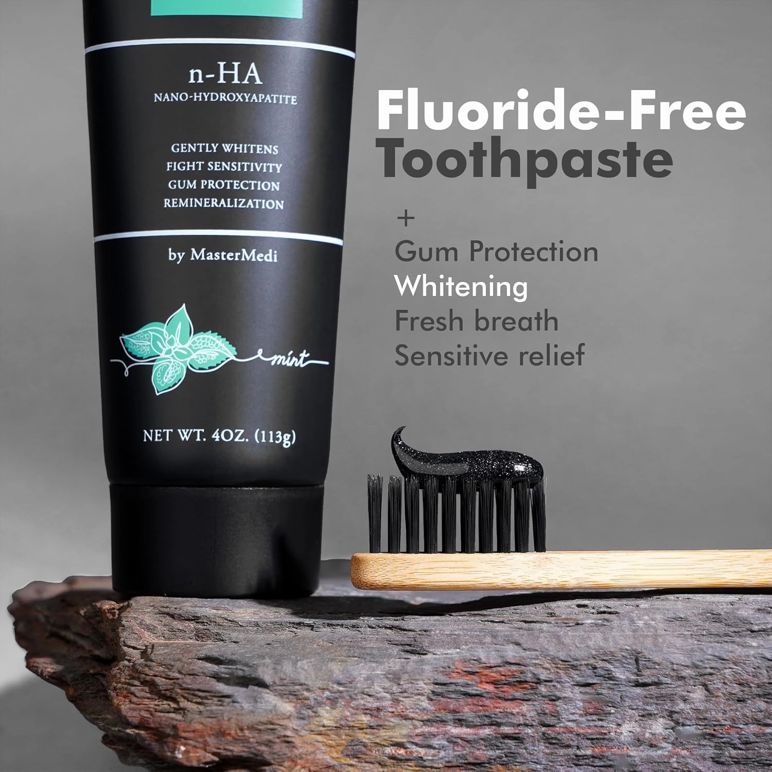 MasterMedi Charcoal Toothpaste with Nano Hydroxyapatite – Fluoride Free, SLS Free, Sensitive Whitening, Enamel Support, Spearmint Flavor, Dentist Recommended, 4 oz (Pack of 3)