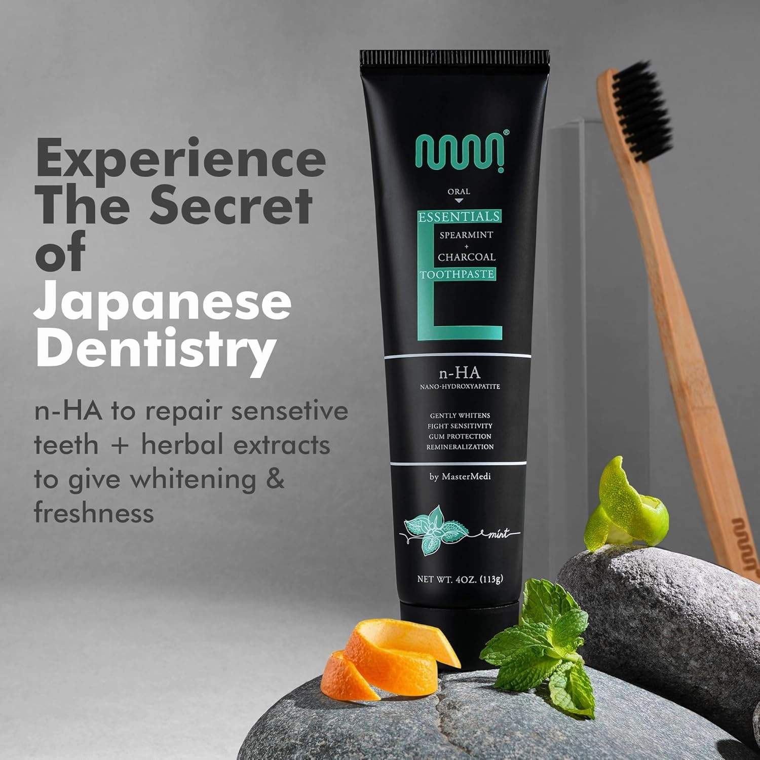 MasterMedi Charcoal Toothpaste with Nano Hydroxyapatite – Fluoride Free, SLS Free, Sensitive Whitening, Enamel Support, Spearmint Flavor, Dentist Recommended, 4 oz (Pack of 3)