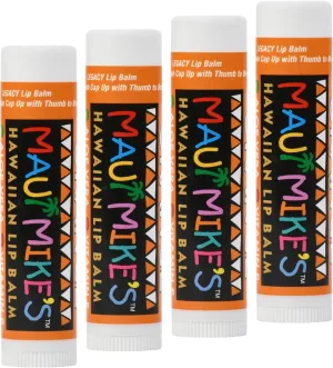 Maui Mike's Lip Balm in Orange (4 Pack) Vitamin E, Aloe Vera and Beeswax. Take Your Lips on a Hawaiian Vacation. Moisturizing and Smooth. Glides on Smooth Like the Perfect Wave.