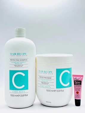 Maxy Look Hair Recipe Feed Your Hair Collagen Protecting Shampoo & Mask for Colored & Chemically Treated Hair 1000 ml /33.8 fl oz - Free Starry Lip Gloss 10ml