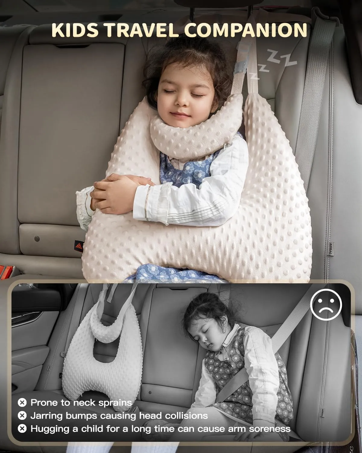 Memory Foam Kids Travel Pillow, Car Pillow for Kids, H-Shape Car Pillows for Sleeping, Removable Pillowcase, Adjustable, Velvet Dots, Beige