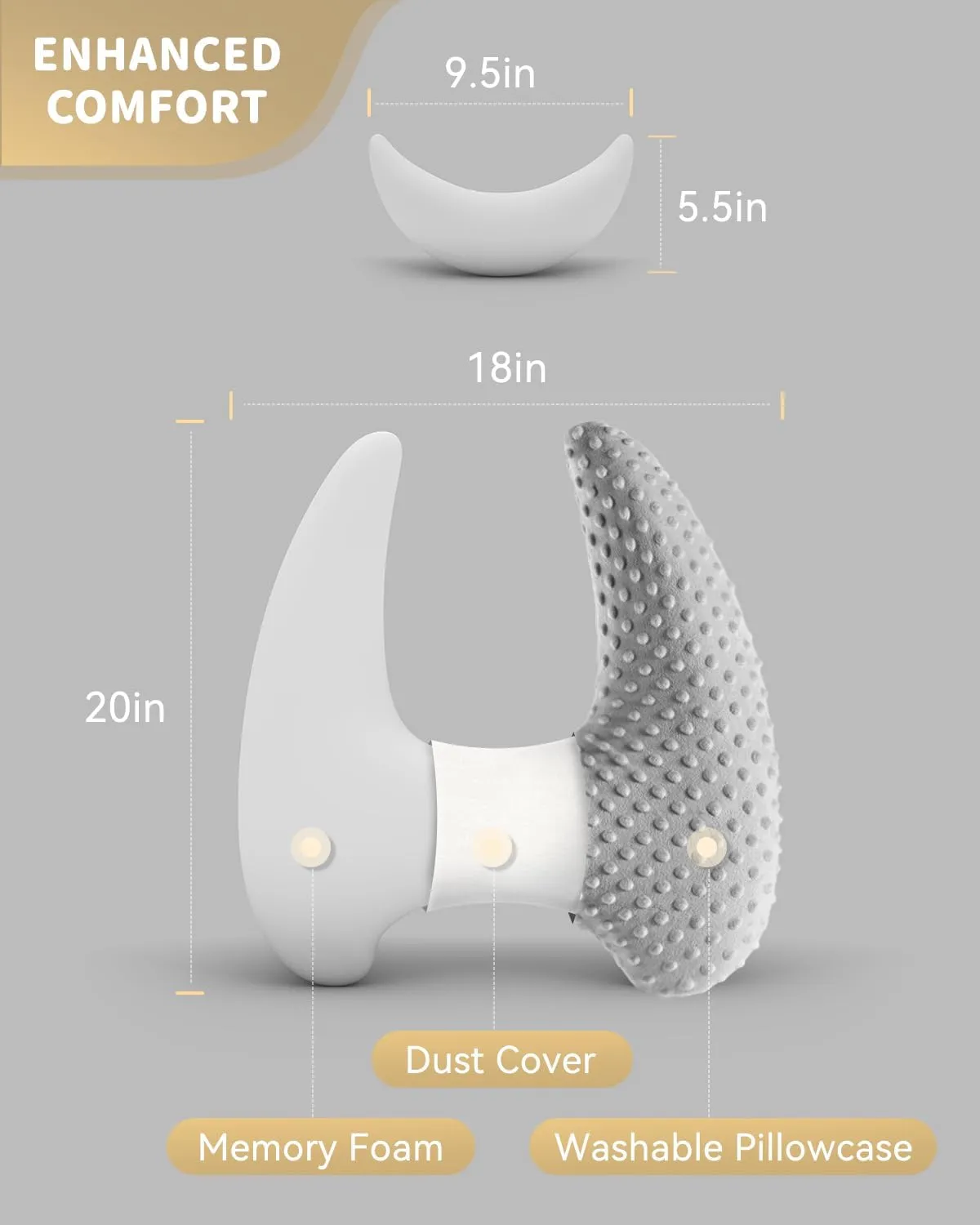 Memory Foam Kids Travel Pillow, Car Pillow for Kids, H-Shape Car Pillows for Sleeping, Removable Pillowcase, Adjustable, Velvet Dots, Grey