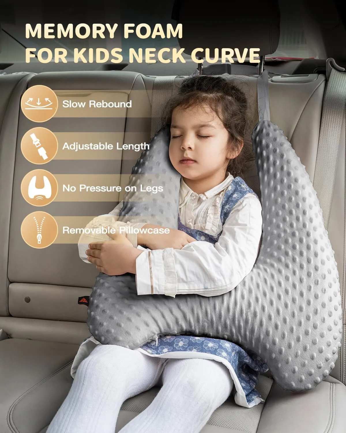 Memory Foam Kids Travel Pillow, Car Pillow for Kids, H-Shape Car Pillows for Sleeping, Removable Pillowcase, Adjustable, Velvet Dots, Grey