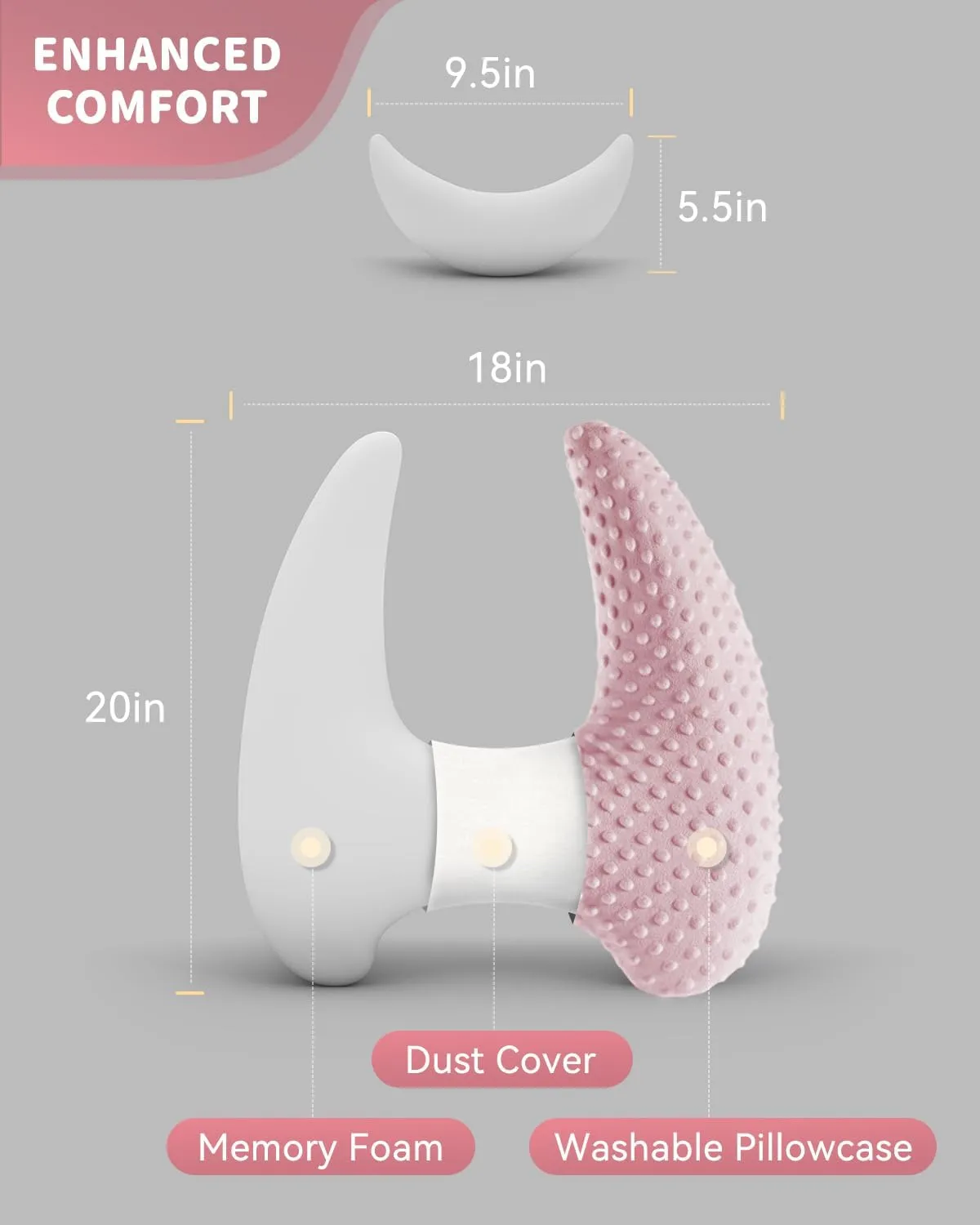 Memory Foam Kids Travel Pillow, Car Pillow for Kids, H-Shape Car Pillows for Sleeping, Removable Pillowcase, Adjustable, Velvet Dots, Pink