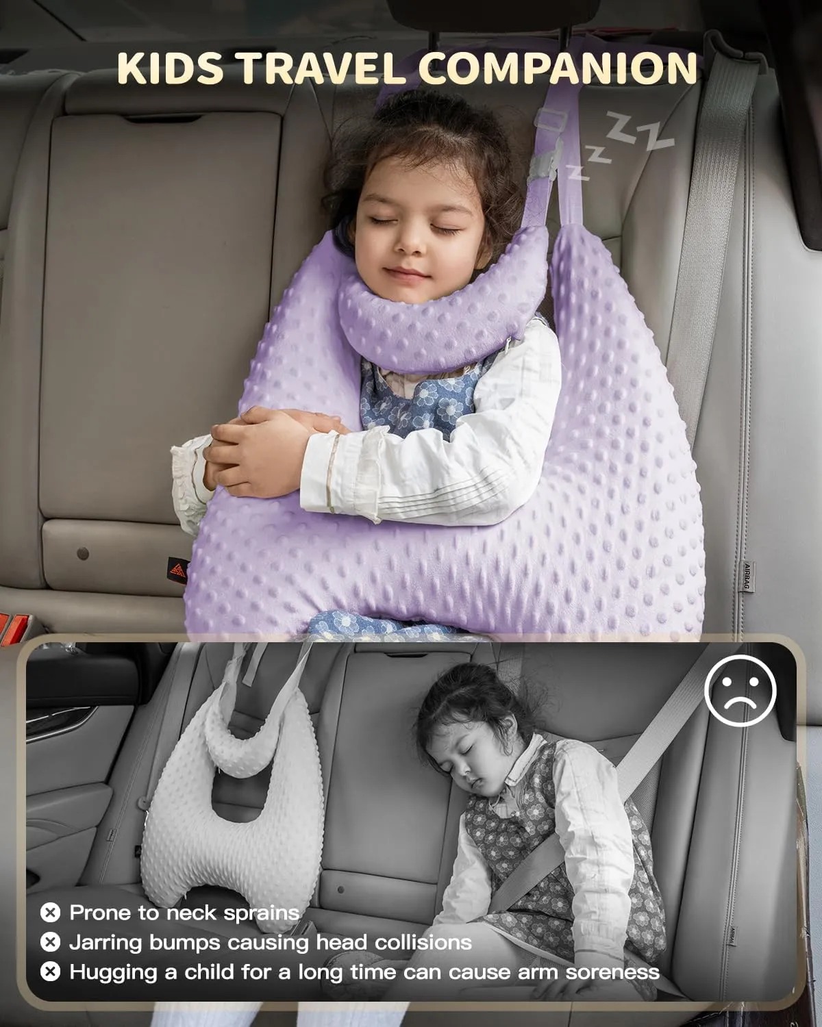Memory Foam Kids Travel Pillow, Car Pillow for Kids, H-Shape Car Pillows for Sleeping, Removable Pillowcase, Adjustable, Velvet Dots, Purple