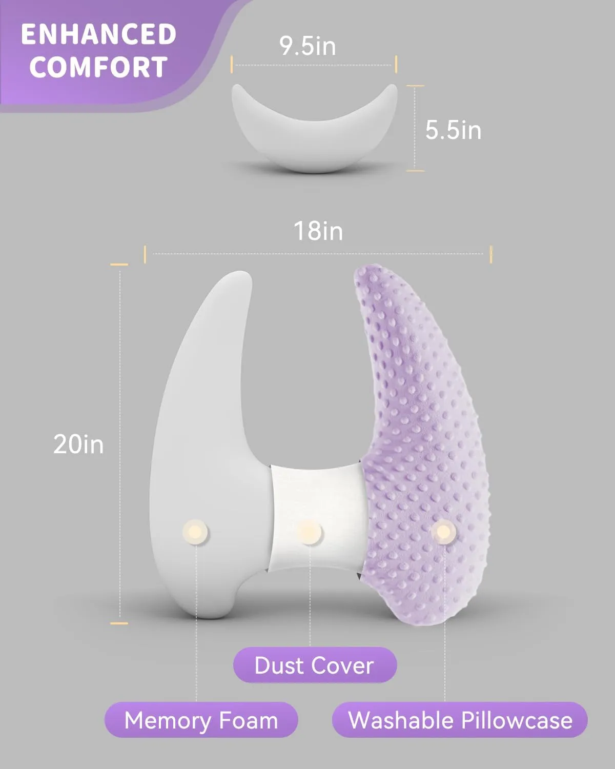 Memory Foam Kids Travel Pillow, Car Pillow for Kids, H-Shape Car Pillows for Sleeping, Removable Pillowcase, Adjustable, Velvet Dots, Purple