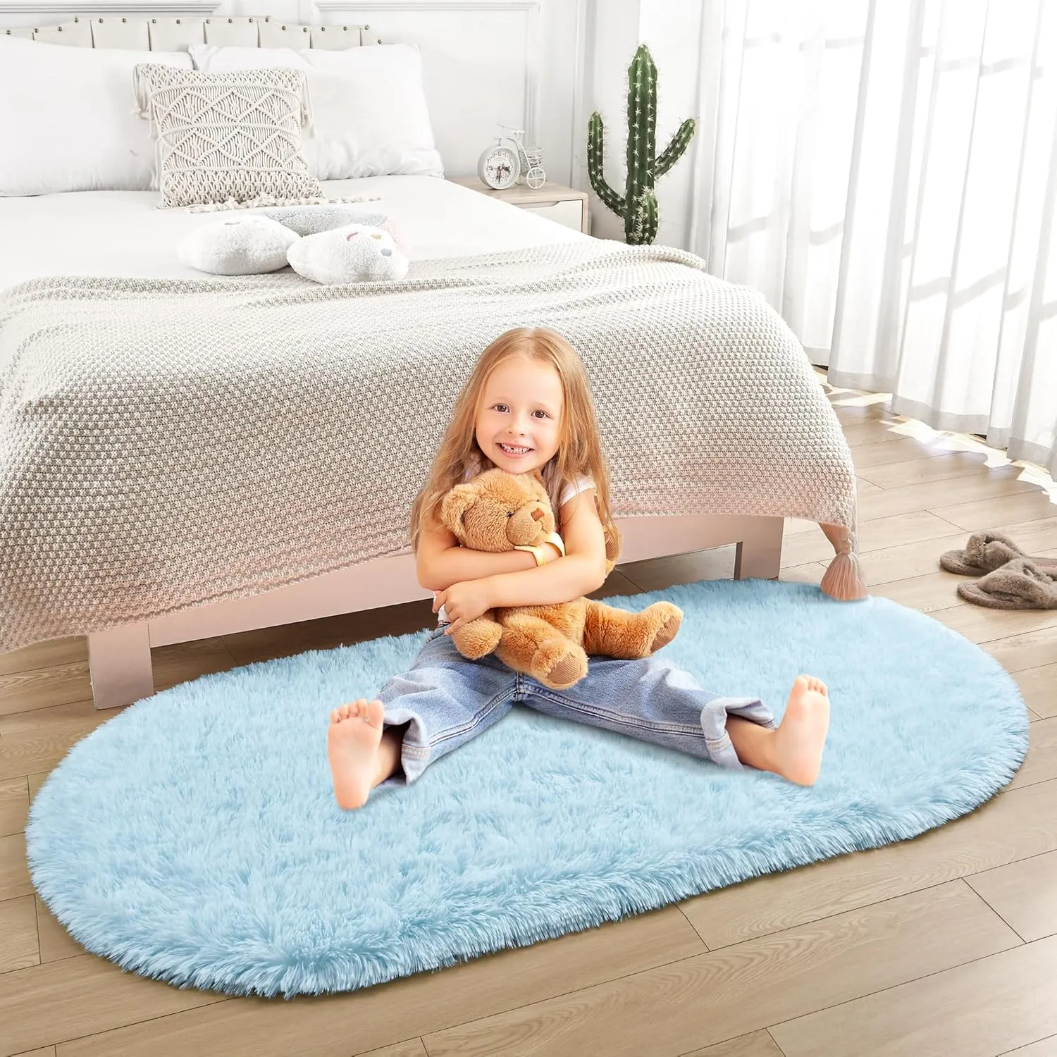 Merelax Soft Shaggy Rug for Kids Bedroom, Oval 2.6'x5.3' Baby Blue Plush Fluffy Carpets for Living Room, Furry Carpet for Teen Room, Anti-Skid Fuzzy Comfy Rug for Nursery Decor Cute Baby Play Mat