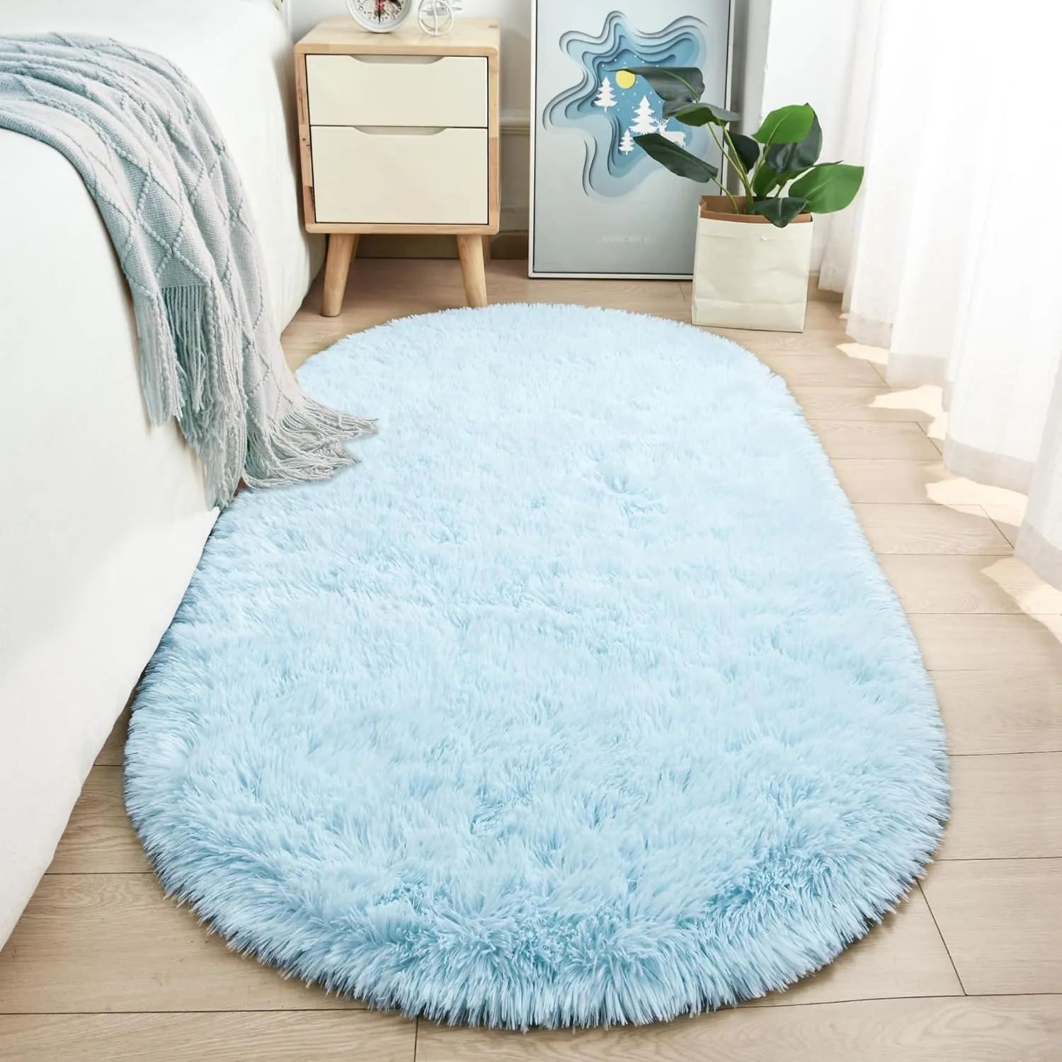 Merelax Soft Shaggy Rug for Kids Bedroom, Oval 2.6'x5.3' Baby Blue Plush Fluffy Carpets for Living Room, Furry Carpet for Teen Room, Anti-Skid Fuzzy Comfy Rug for Nursery Decor Cute Baby Play Mat