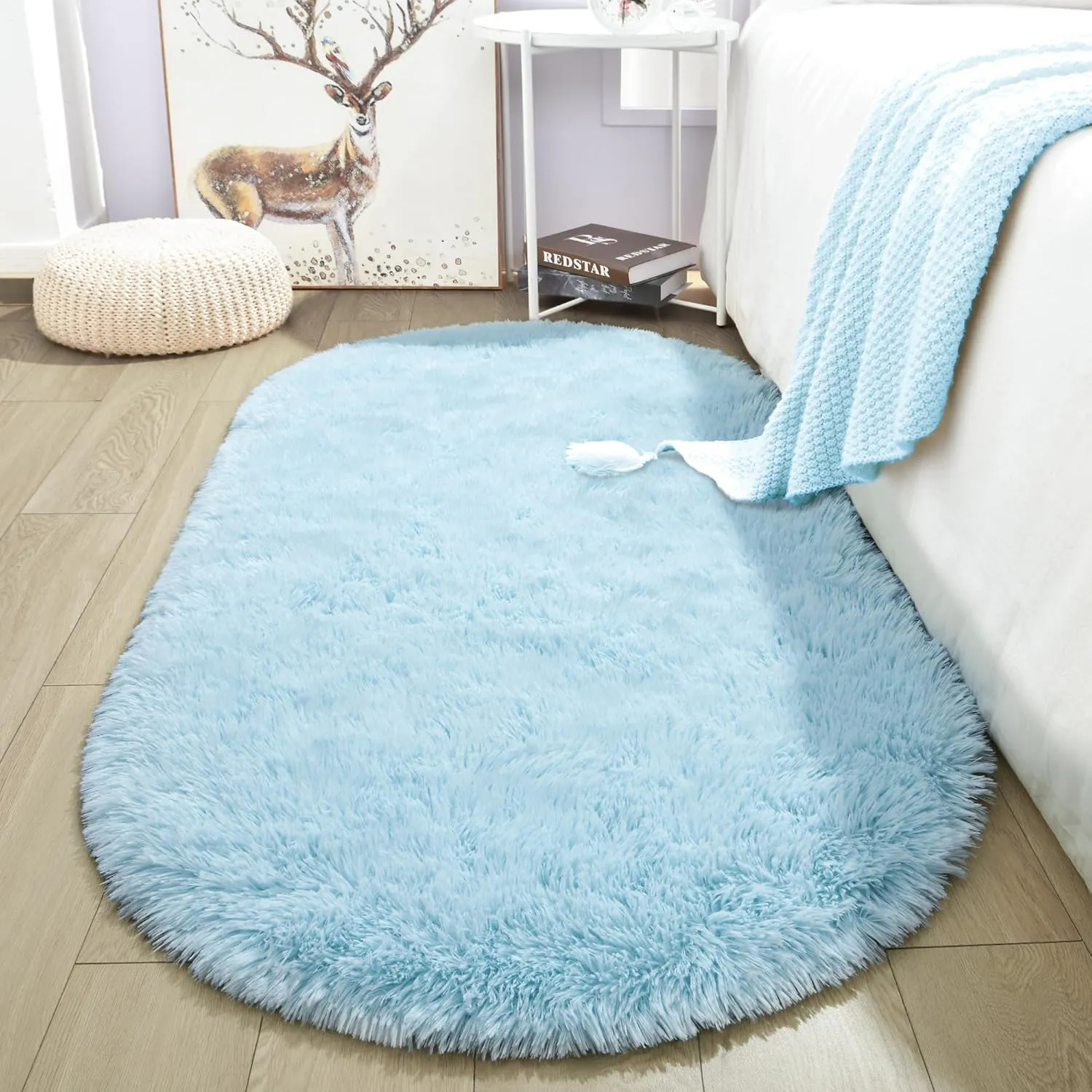 Merelax Soft Shaggy Rug for Kids Bedroom, Oval 2.6'x5.3' Baby Blue Plush Fluffy Carpets for Living Room, Furry Carpet for Teen Room, Anti-Skid Fuzzy Comfy Rug for Nursery Decor Cute Baby Play Mat