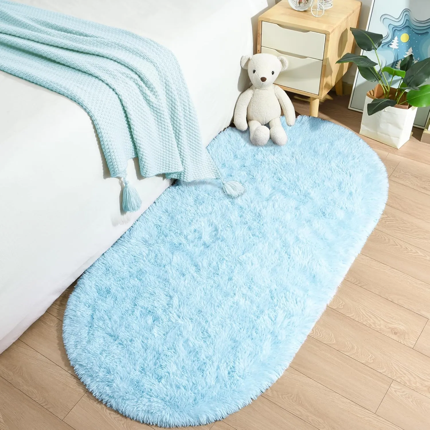 Merelax Soft Shaggy Rug for Kids Bedroom, Oval 2.6'x5.3' Baby Blue Plush Fluffy Carpets for Living Room, Furry Carpet for Teen Room, Anti-Skid Fuzzy Comfy Rug for Nursery Decor Cute Baby Play Mat