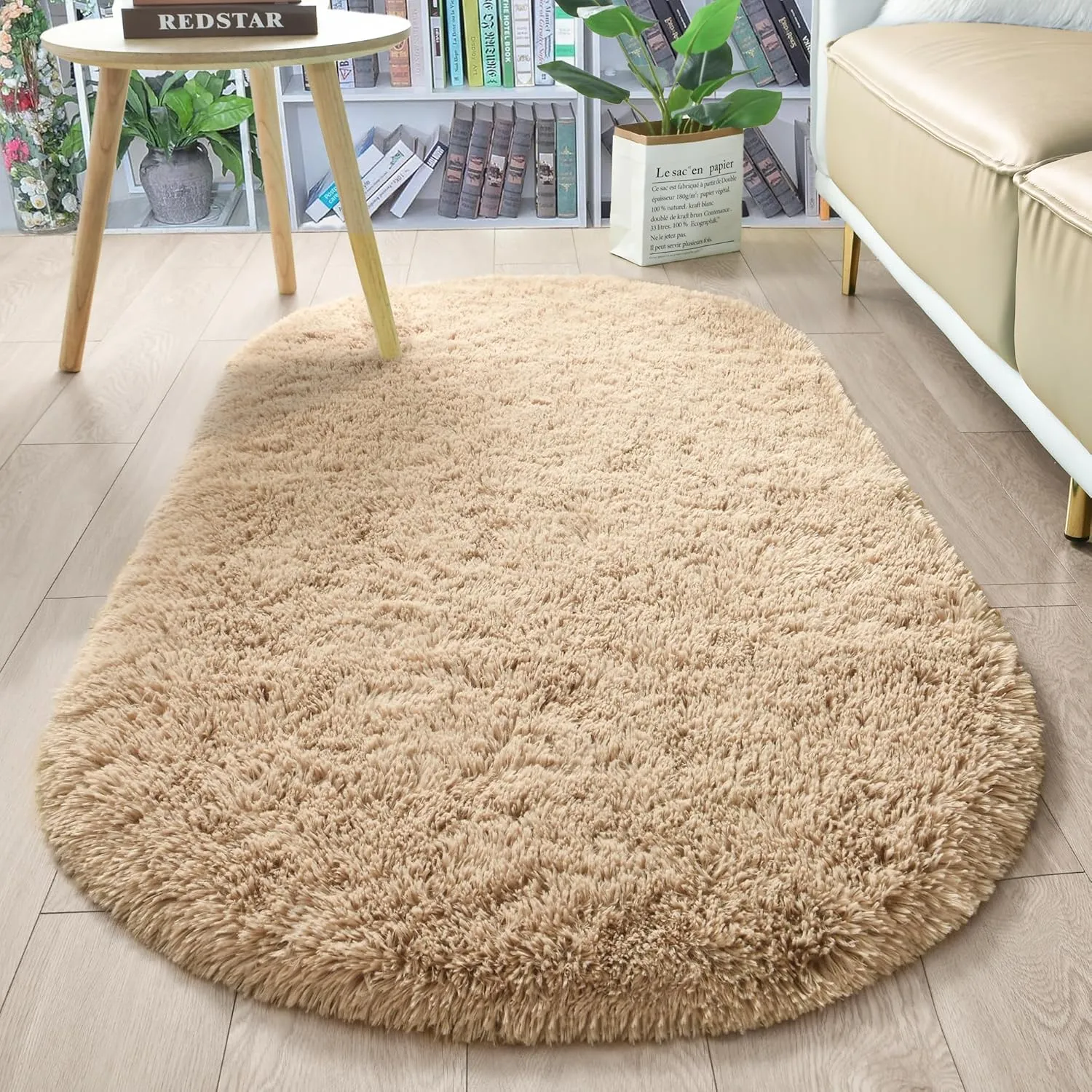 Merelax Soft Shaggy Rug for Kids Bedroom, Oval 2.6'x5.3' Beige Plush Fluffy Carpets for Living Room, Furry Carpet for Teen Girls Room, Anti-Skid Fuzzy Comfy Rug for Nursery Decor Cute Baby Play Mat