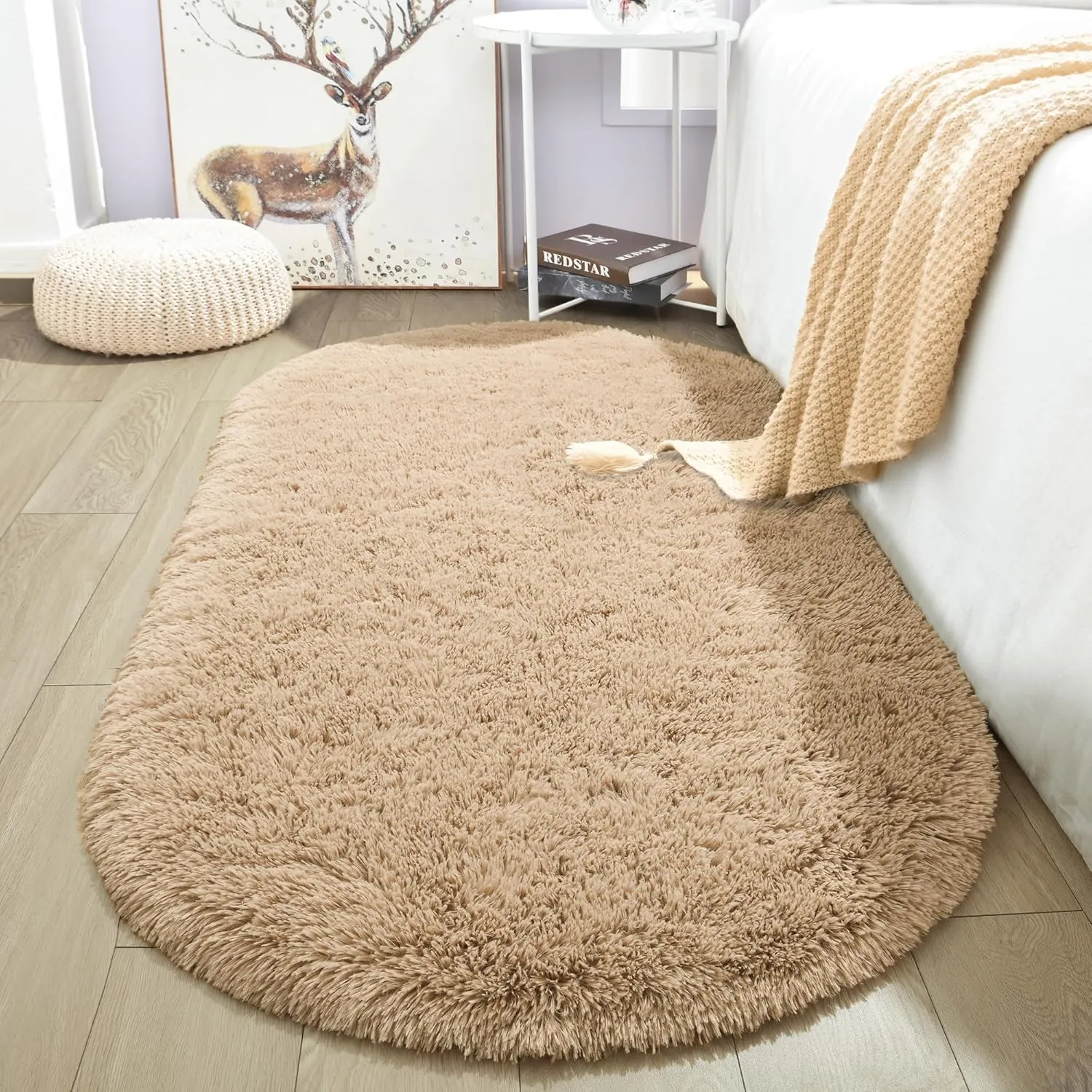 Merelax Soft Shaggy Rug for Kids Bedroom, Oval 2.6'x5.3' Beige Plush Fluffy Carpets for Living Room, Furry Carpet for Teen Girls Room, Anti-Skid Fuzzy Comfy Rug for Nursery Decor Cute Baby Play Mat