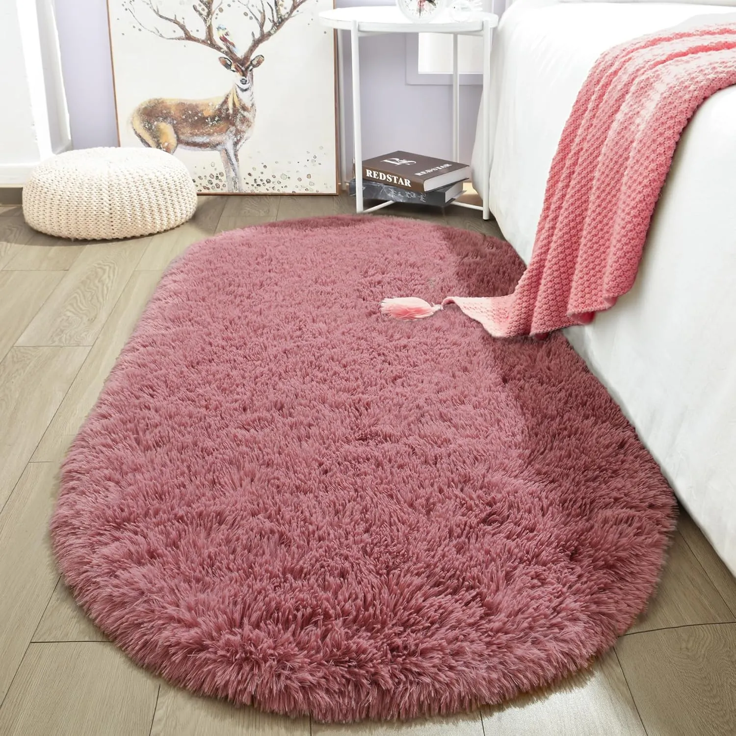 Merelax Soft Shaggy Rug for Kids Bedroom, Oval 2.6'x5.3' Blush Plush Fluffy Carpets for Living Room, Furry Carpet for Teen Girls Room, Anti-Skid Fuzzy Comfy Rug for Nursery Decor Cute Baby Play Mat