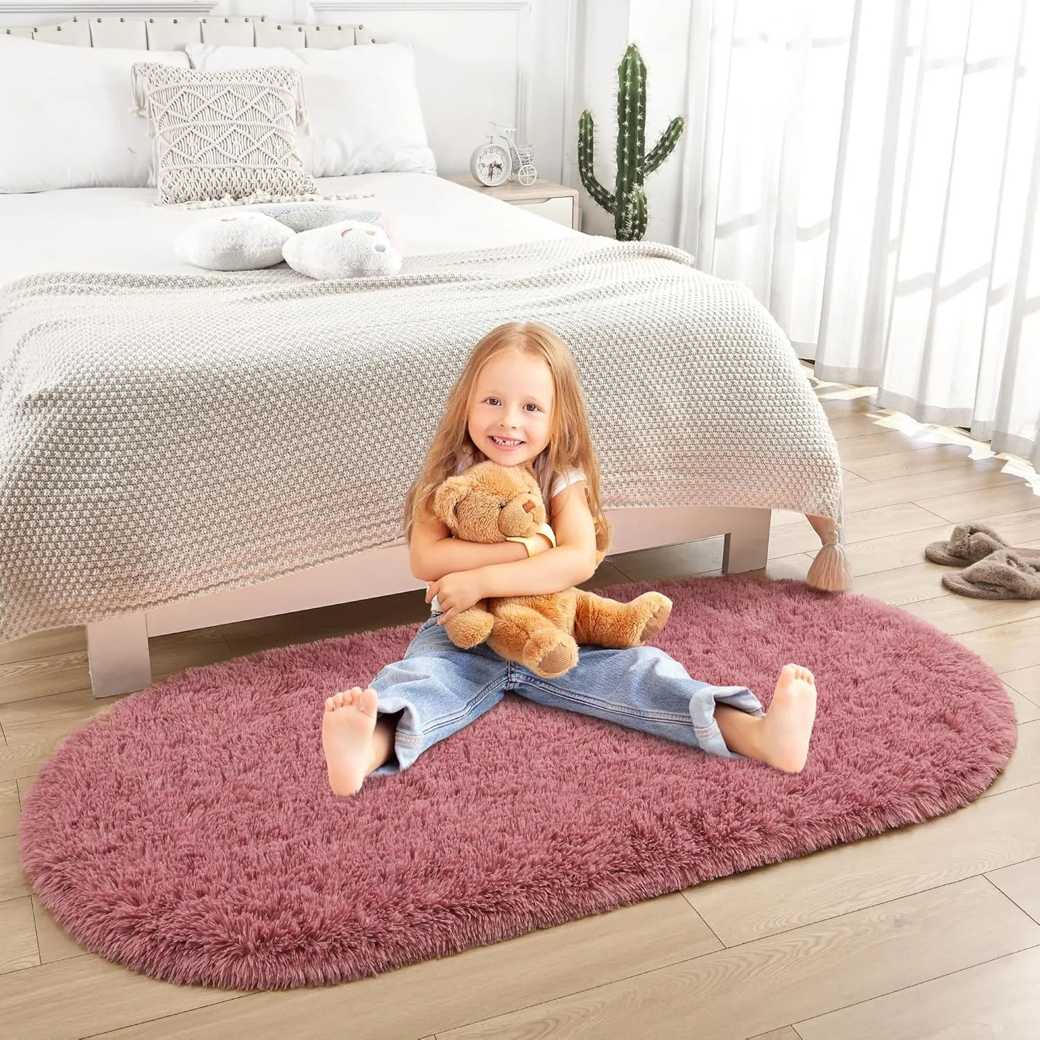 Merelax Soft Shaggy Rug for Kids Bedroom, Oval 2.6'x5.3' Blush Plush Fluffy Carpets for Living Room, Furry Carpet for Teen Girls Room, Anti-Skid Fuzzy Comfy Rug for Nursery Decor Cute Baby Play Mat
