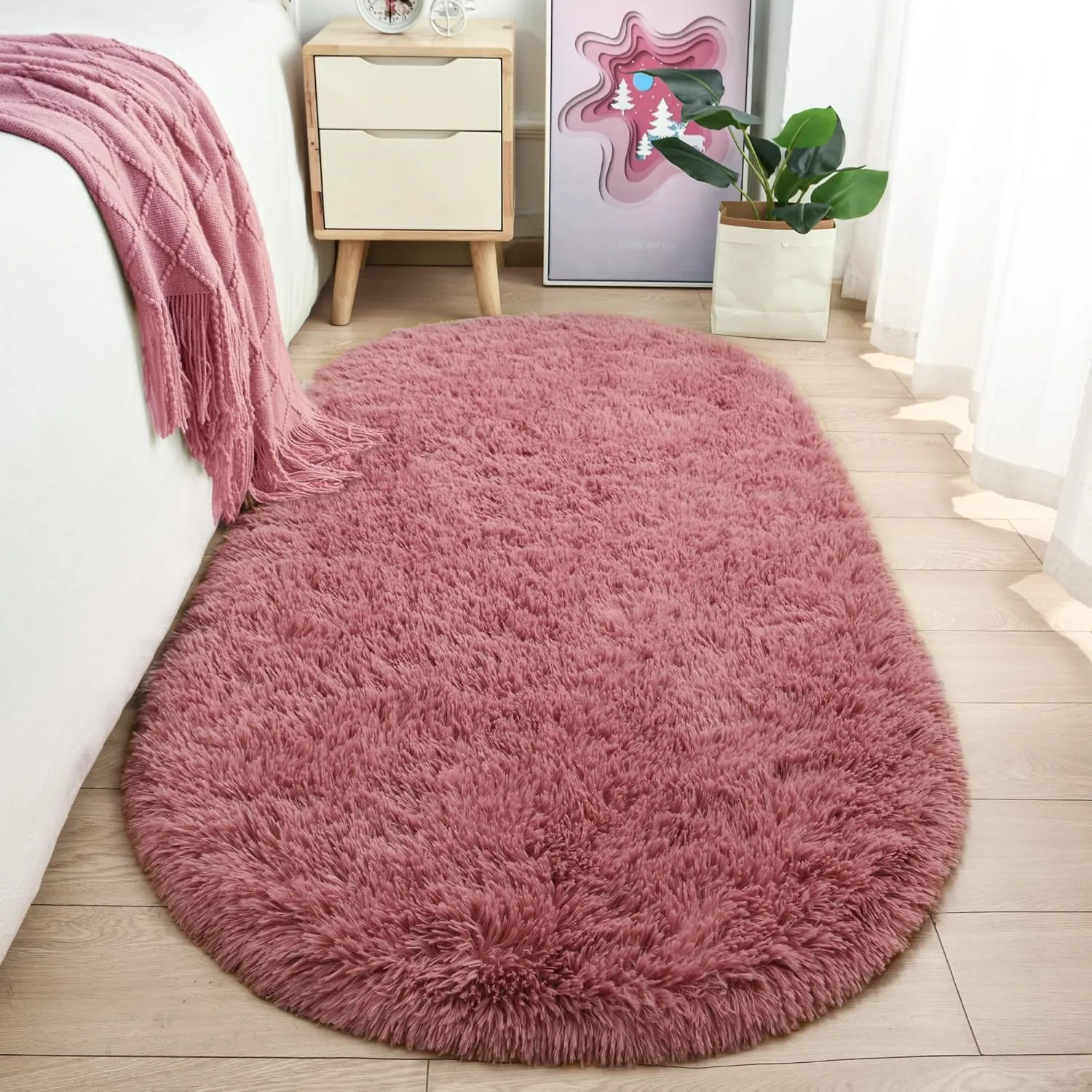 Merelax Soft Shaggy Rug for Kids Bedroom, Oval 2.6'x5.3' Blush Plush Fluffy Carpets for Living Room, Furry Carpet for Teen Girls Room, Anti-Skid Fuzzy Comfy Rug for Nursery Decor Cute Baby Play Mat