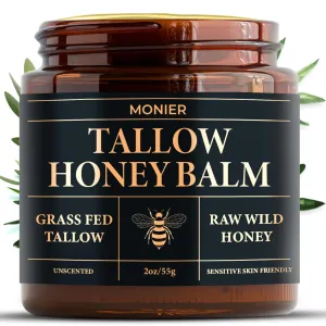 MONIER Tallow and Honey Balm for Face, Beef Tallow for Skin, Moisturizer with 100% Organic Grass-Fed Beef Tallow & Raw Wild Honey - Natural Formula for Dry & Sensitive Skin (Unscented)