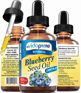MYVIDAPURE BLUEBERRY SEED OIL 100% Pure Unrefined Virgin Cold Pressed. Moisturizer for Face, Skin, Hair, Nails, Scars, Anti Aging 0.5 Fl.oz.- 15 ml.