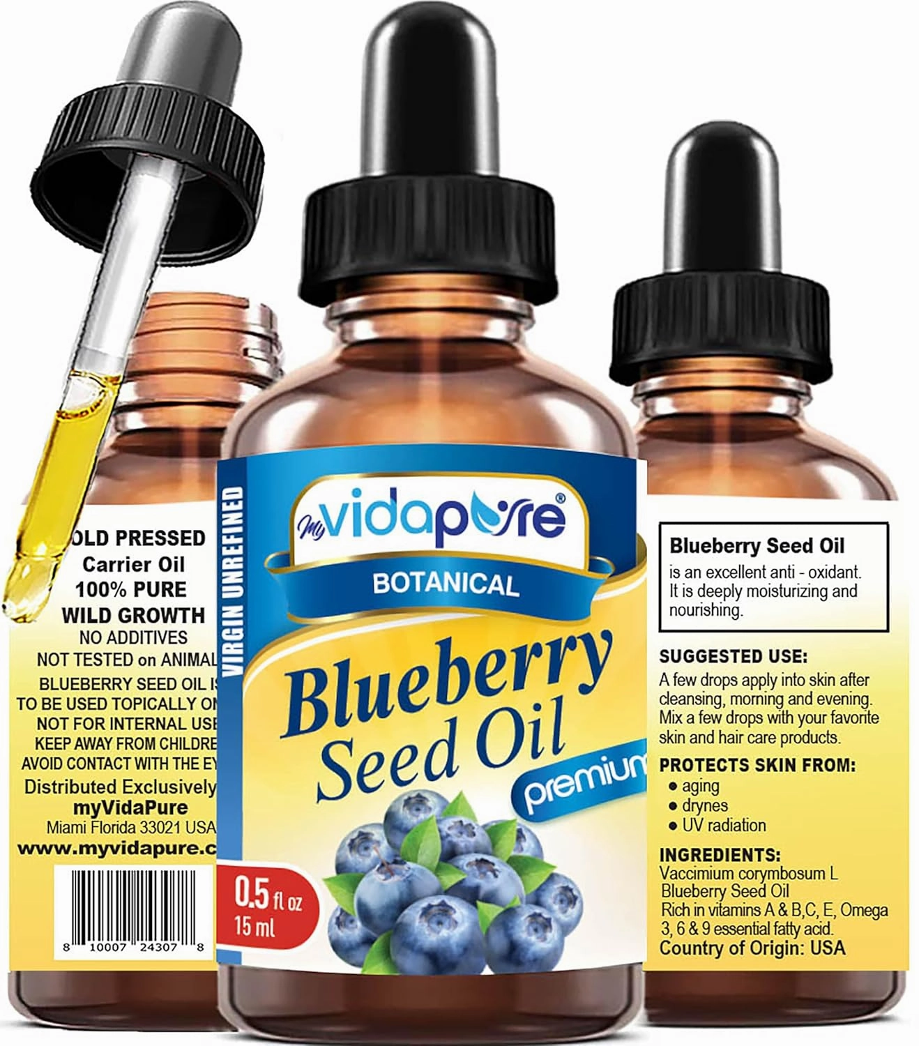 MYVIDAPURE BLUEBERRY SEED OIL 100% Pure Unrefined Virgin Cold Pressed. Moisturizer for Face, Skin, Hair, Nails, Scars, Anti Aging 0.5 Fl.oz.- 15 ml.