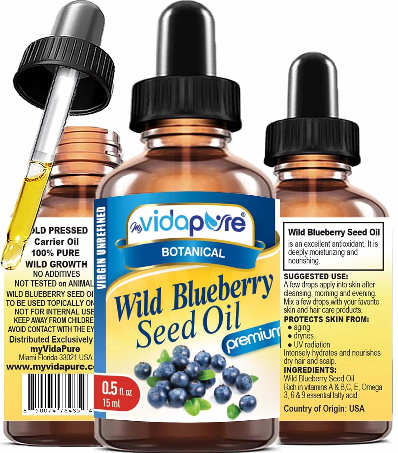 MYVIDAPURE WILD BLUEBERRY SEED OIL 100% Pure Unrefined Virgin Cold Pressed. Moisturizer for Face, Skin, Hair, Nails, Scars, Anti Aging 0.5 Fl.oz.- 15 ml.