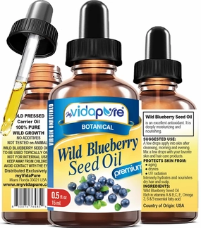 MYVIDAPURE WILD BLUEBERRY SEED OIL 100% Pure Unrefined Virgin Cold Pressed. Moisturizer for Face, Skin, Hair, Nails, Scars, Anti Aging 0.5 Fl.oz.- 15 ml.