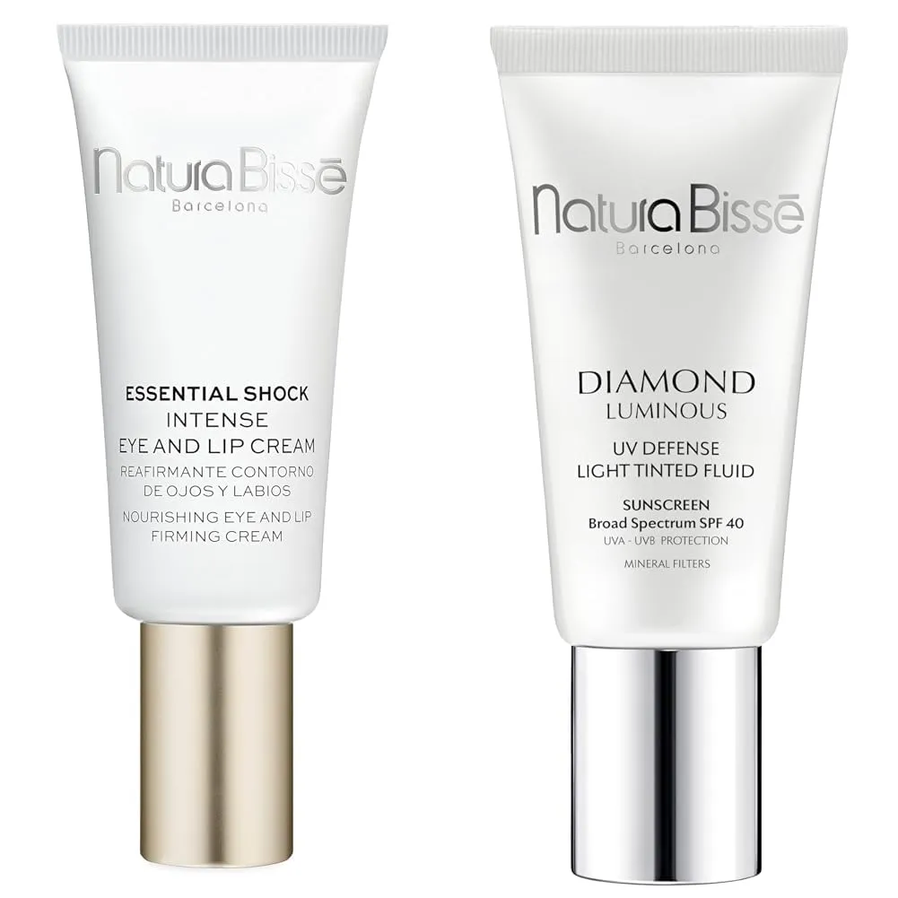 Natura Bissé Essential Shock Intense Eye and Lip Cream & Diamond Luminous Tinted SPF 40 Sunscreen Bundle, Targeted Anti-Aging Care & Sun Protection for Youthful, Radiant Skin, 0.5 oz/1 oz