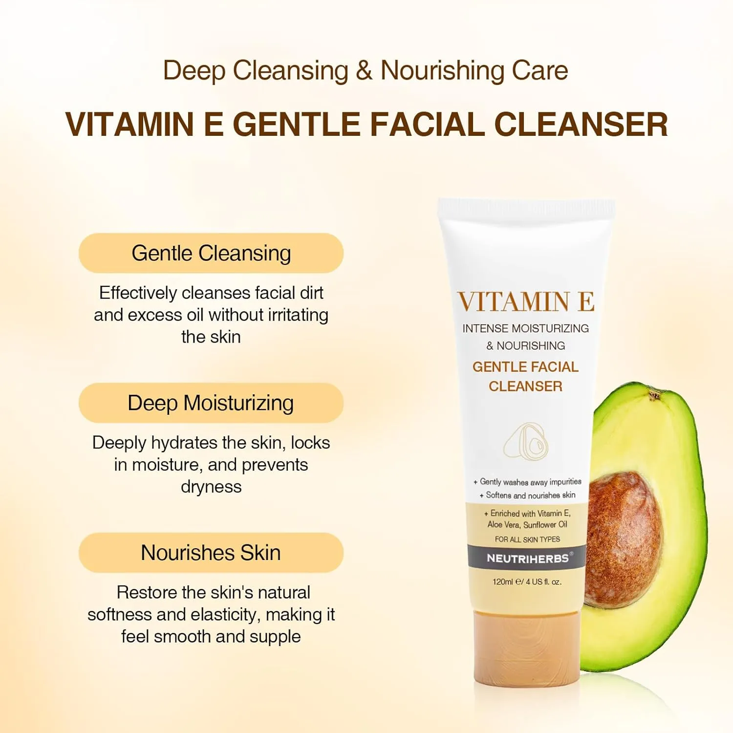 Neutriherbs Face Cleanser with Vitamin E, Gentle Facial Cleanser for Daily Clean and Purify, Face Wash Fit for All Skin Type, 4 fl.oz