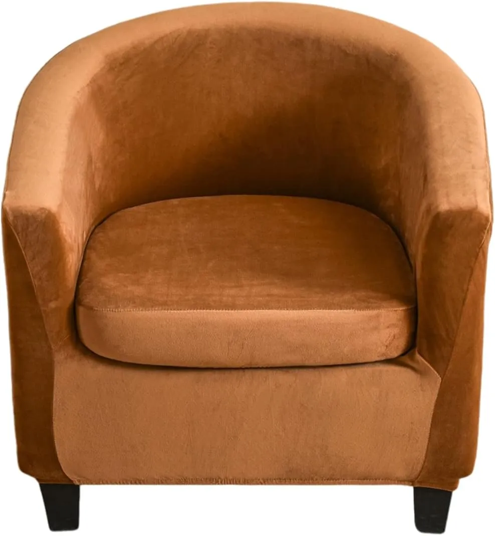 NILUOH Velvet Club Chair Slipcover 2 Piece Stretch Tub Chair Cover Round Barrel Chair Covers Non Slip Armchair Covers Couch Covers with Elastic Bottom for Bar Counter Living Room(Camel)