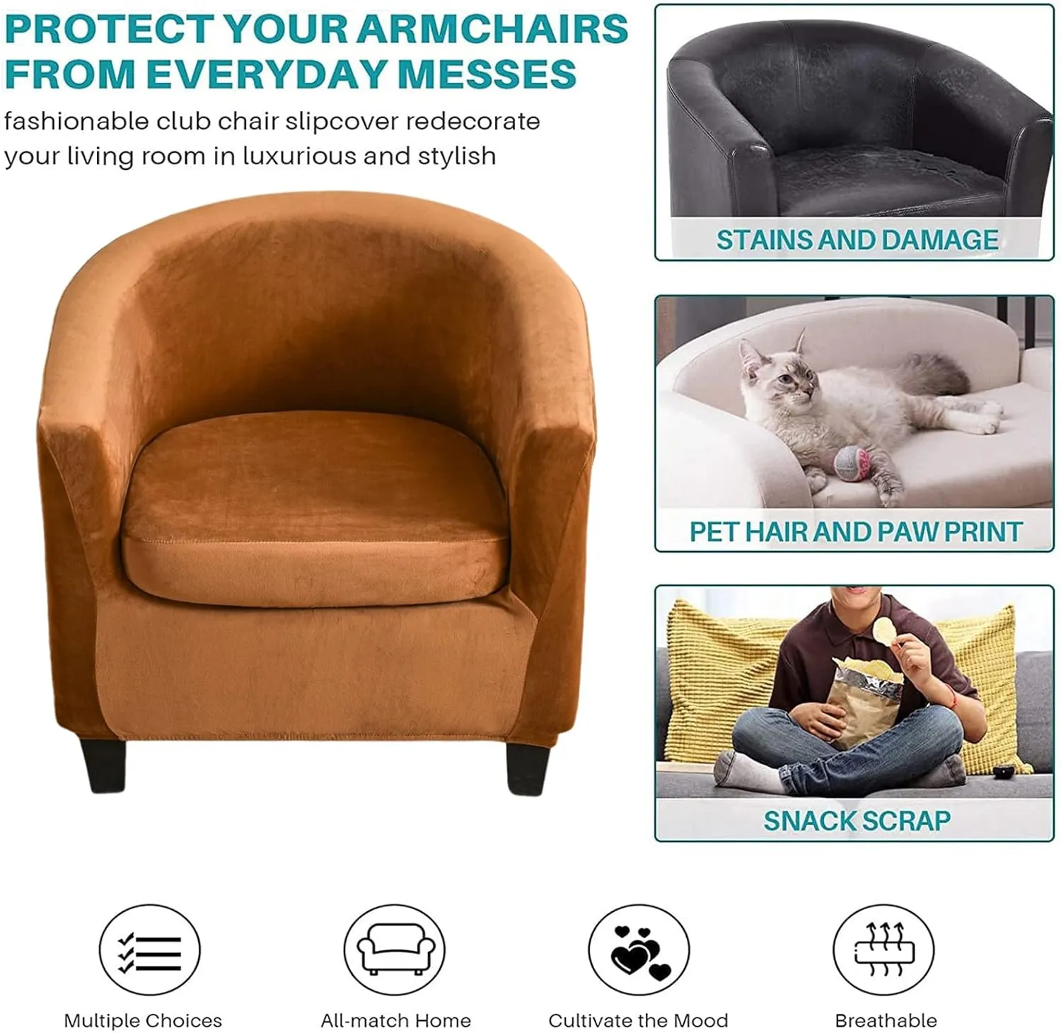 NILUOH Velvet Club Chair Slipcover 2 Piece Stretch Tub Chair Cover Round Barrel Chair Covers Non Slip Armchair Covers Couch Covers with Elastic Bottom for Bar Counter Living Room(Camel)