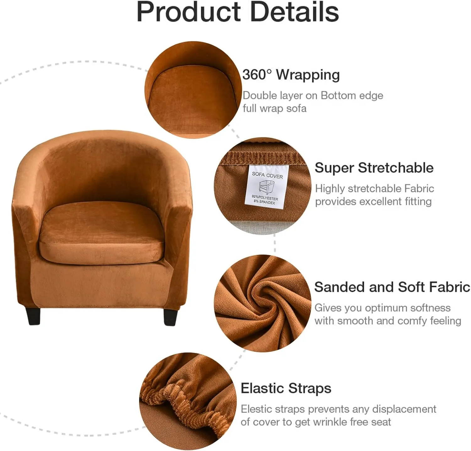 NILUOH Velvet Club Chair Slipcover 2 Piece Stretch Tub Chair Cover Round Barrel Chair Covers Non Slip Armchair Covers Couch Covers with Elastic Bottom for Bar Counter Living Room(Camel)