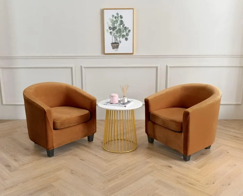 NILUOH Velvet Club Chair Slipcover 2 Piece Stretch Tub Chair Cover Round Barrel Chair Covers Non Slip Armchair Covers Couch Covers with Elastic Bottom for Bar Counter Living Room(Camel)