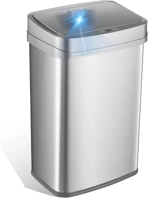 NINESTARS 13 Gallon Odor Neutralizing Smart Trash Can, UV   Ozone Dual Purification, Odor Control Motion Sensor Garbage Bin, Universal Power Adapter, ONT-50-81SL Stainless Steel, Silver, Nova Series