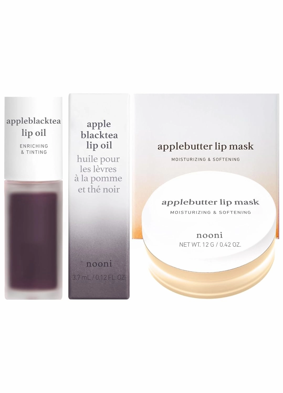 NOONI Korean Vegan Lip Oil - Appleblacktea, 0.12 Fl. Oz.   Korean Lip Butter Melting Balm (Applebutter) Lip Mask Bundle