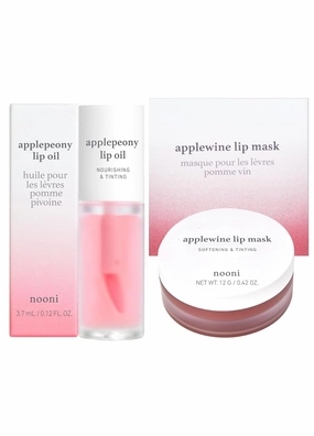 NOONI Korean Vegan Lip Oil - Applepeony, 0.12 Fl. Oz.   Korean Lip Butter Melting Balm (Applewine) Lip Mask Bundle