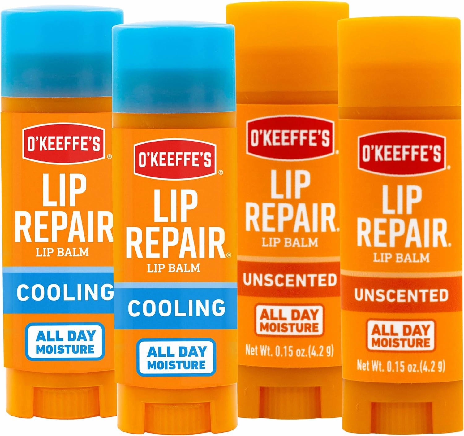 O'Keeffe's Lip Repair Lip Balm for Dry, Cracked Lips, Stick, (Pack of 4: 2 Cooling   2 Unscented)